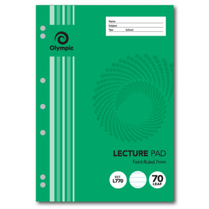 Olympic L770 A4 lecture pad with a green striped cover, name and subject panel, Feint Ruled 7mm and a 70 leaf badge, with 7 punched holes down the left edge