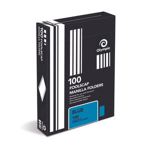 Olympic box of 100 foolscap manilla folders in black packaging with a blue colour panel, listing slotted for fasteners, rounded corners, pre-creased and strong durable board