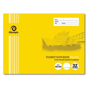 Yellow landscape Olympic Student Note Book cover with Opera House and Harbour Bridge artwork, 10mm Double Ruled and Guidelines, Ref NL103, 32 Pages