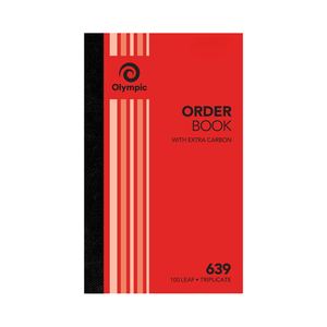 Olympic No. 639 order book with a red striped cover and black spine, printed With Extra Carbon and 100 Leaf Triplicate