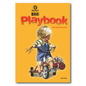 Orange Olympic Playbook cover with an illustration of a small child riding a red tricycle, printed 10mm Ruled and Plain with Ref PP106