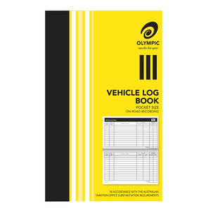 Olympic pocket vehicle log book with a yellow striped cover and black spine, showing two sample log pages with journey and odometer columns