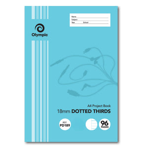 Light blue Olympic A4 Project Book cover with 18mm Dotted Thirds in bold, REF PD189, a 96 pages roundel and a name, subject, year and school panel