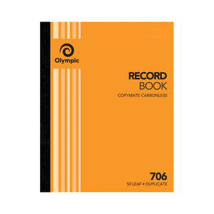 Orange cover of the Olympic No. 706 record book printed Record Book, Copymate Carbonless and 50 Leaf Duplicate beside a black and cream striped spine panel