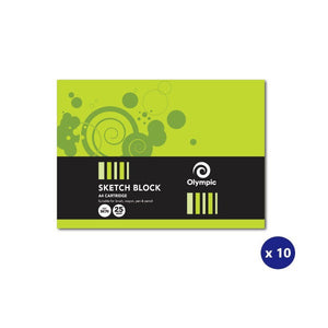 Olympic SK70 A4 sketch block with a lime green swirl cover and black band printed Sketch Block, A4 Cartridge, 25 Leaf, with an x 10 pack badge
