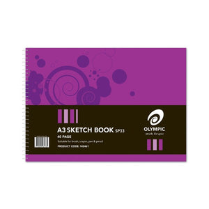 Olympic A3 sketch book SP33 with a purple swirl cover, black band printed A3 Sketch Book, 40 Page and product code 142461, and a spiral along the left edge