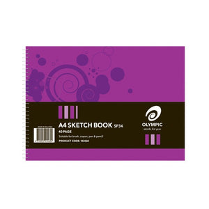 Olympic A4 sketch book SP34 with a purple swirl cover and black band printed 40 Page, product code 142460 and Made in Malaysia, spiral bound on the left