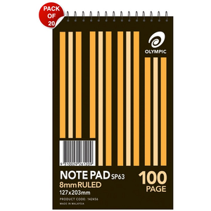 Olympic Note Pad SP63 black cover with orange stripes and top spiral, 8mm ruled, 127x203mm, 100 page, with a red Pack of 20 badge