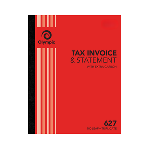 Olympic No. 627 tax invoice and statement book, red striped cover with a black spine, printed With Extra Carbon and 100 Leaf Triplicate