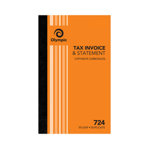 Olympic No. 724 tax invoice and statement book with an orange striped cover and black spine, printed Copymate Carbonless and 50 Leaf Duplicate