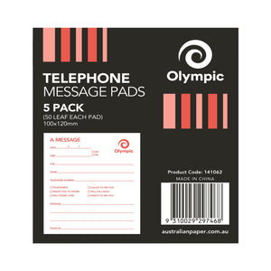 Olympic Telephone Message Pads 5 pack in a black sleeve with red stripes, a sample message form, product code 141062 and a barcode