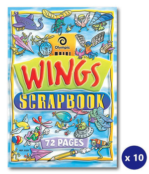 Olympic Wings scrapbook cover with cartoon planes, birds and flying machines around the Wings Scrapbook title and 72 Pages, with an x 10 pack badge