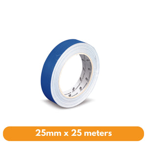 Olympic navy blue cloth tape roll 25mm wide seen from the side, showing the blue cloth face, white inner layers and printed core