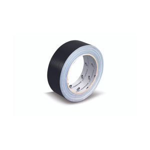 Olympic black cloth tape roll 38mm wide shown at an angle, with a matt black cloth face, pale edge layers and a grey core printed with the Olympic logo