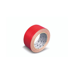 Olympic red cloth tape roll 50mm wide photographed at an angle on white, with a bright red cloth face, pink toned edges and a grey core printed with the Olympic logo