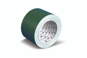 Wide Olympic green cloth tape roll, 75mm across, pictured at an angle with its dark green face, pale mint edge and grey core printed with Olympic cloth tape branding