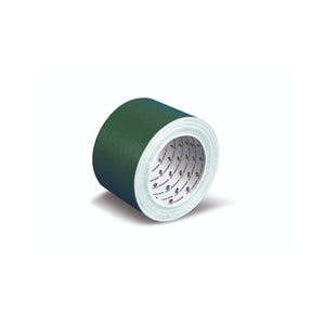 Wide Olympic green cloth tape roll, 75mm across, pictured at an angle with its dark green face, pale mint edge and grey core printed with Olympic cloth tape branding