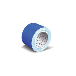 Olympic navy blue cloth tape roll 75mm wide at an angle on a white background, showing the blue cloth face, pale layered edge and printed grey core