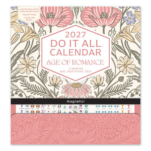 Front of the Orange Circle 2027 Do It All Calendar in Age of Romance, pink poppies and cream florals, a black Magnetic band and the sticker sheet tucked in the pink pocket.