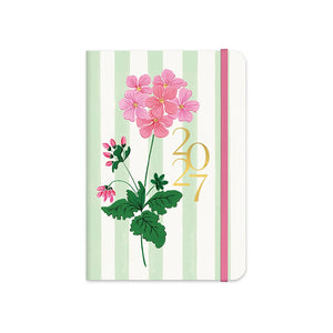Orange Circle Studio Medium Casebound Planner 2027, pink geraniums on green stripes with a pink elastic band