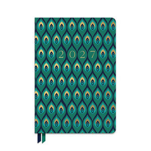 Orange Circle Studio Clara weekly planner 2027, teal, navy and gold feather pattern with two ribbons