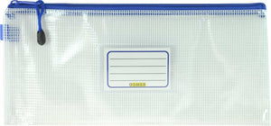 Osmer M3415B long clear PVC mesh case laid flat, with a blue zip and black zip pull along the top, blue side trim and a name card pocket in the centre