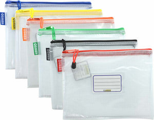 Six Osmer MA5A clear PVC mesh cases fanned out, with blue, yellow, orange, green, black and red zips and trims, and a name card pocket on the front case