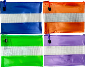 Osmer PVC mesh cases 23 x 15cm with coloured bands, four cases in blue, orange, green and purple with a clear mesh centre strip