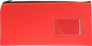 Osmer N3417R1 red neoprene pencil case laid flat, with a black zip along the top and a clear name card window at the lower right