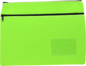 Osmer neoprene pencil case 35.5 x 26cm in lime green with two black zips, flat front view showing the clear name card window