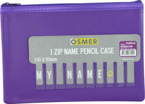 Osmer NAM2315P purple cloth backed PU pencil case with a zip along the top, shown with its Osmer 1 Zip Name Pencil Case card and letter tiles spelling MY NAME