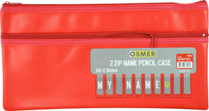 Osmer cloth backed PU pencil case 2 zip 35 x 18cm in red, front view with the grey Osmer header card reading 2 ZIP NAME PENCIL CASE 350 x 180mm and the MY NAME alphabet strip