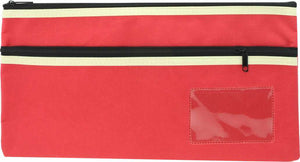 Osmer P3518R2 red polyester pencil case laid flat, with two black zips edged in cream trim and a clear name card window at the lower right