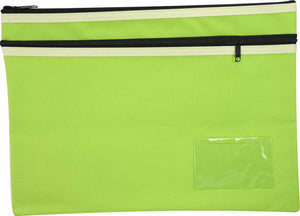 Osmer polyester pencil case 35 x 26cm in green with two black zips with cream trim, front view showing the clear name card window
