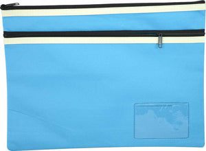 Osmer polyester pencil case 35 x 26cm in light blue with two black zips with cream trim, front view showing the clear name card window