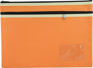 Osmer polyester pencil case 35 x 26cm in orange with two black zips with cream trim, front view showing the clear name card window