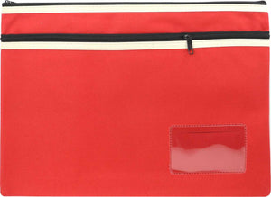 Osmer P3526R2 red polyester pencil case laid flat, with two black zips edged in cream trim and a clear name card window at the lower right