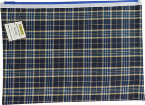 Osmer tartan pencil case 37.5 x 26cm in blue and navy tartan with a blue zip and white trim, front view with the black Osmer swing tag