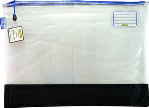 Osmer RMA3B clear PVC mesh case laid flat, with a blue zip along the top, an Osmer product tag on the zip pull, blue side trim, a name card pocket at top right and a black reinforced nylon base