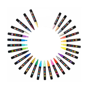 A set of 29 Posca Mark paint markers arranged in a circular pattern on a solid white background, showing a wide range of vibrant colours.