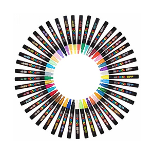 A set of 45 fine tip posca paint markers arranged in a circular pattern on a solid white background, showing a wide variety of vibrant colours.