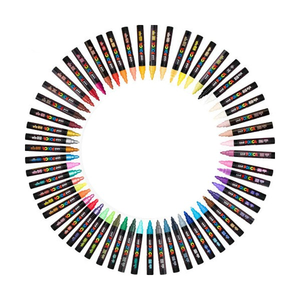 A circular arrangement of 36 posca bullet tip paint markers with various colours visible at the tips, set against a plain white background.