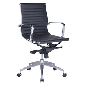 Rapidline PU605M medium back executive chair in ribbed black PU with polished chrome loop arms and chrome 5 star base on castors, front three quarter view