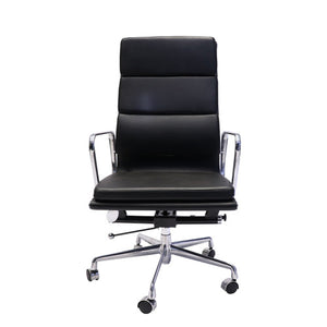 Front view of the Rapidline PU900H high back chair with padded black PU panels, fixed loop arms and 5 star spider base.