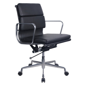 Rapidline PU900M medium back chair in black PU, three quarter view showing the padded panels, loop arms and 5 star spider base.