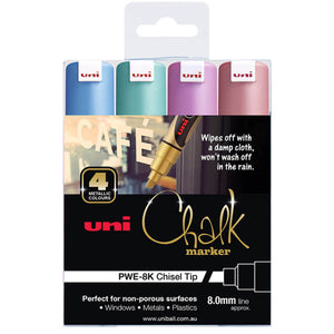 Uni Liquid Chalk Marker Chisel Tip 8mm Metallic Colours Pack of 4