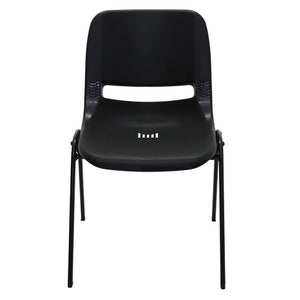 Rapidline P100 stackable chair with one piece black polypropylene shell and black steel four leg frame, front view