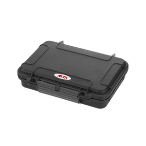 Panaro MAX002V black waterproof case closed, three-quarter view of the ribbed lid, front latch and MAX badge