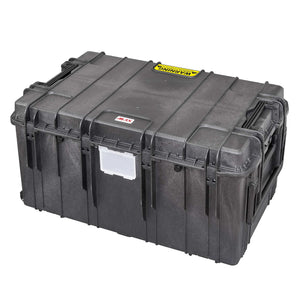 Panaro MAX1090H510-R black trunk case closed, three-quarter view showing the removable lid, latches, MAX logo, yellow lid label and clear document holder