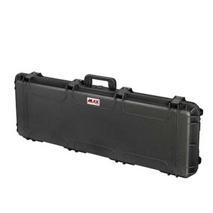 Panaro MAX1100 long black case closed, three-quarter view showing the centre carry handle, red MAX logo, latches and end handle